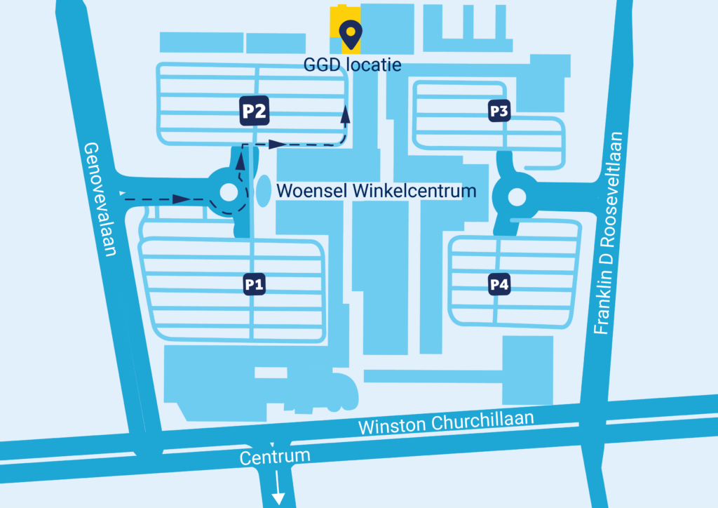 Plattegrond met routebeschrijving naar de GGD locatie in Woensel